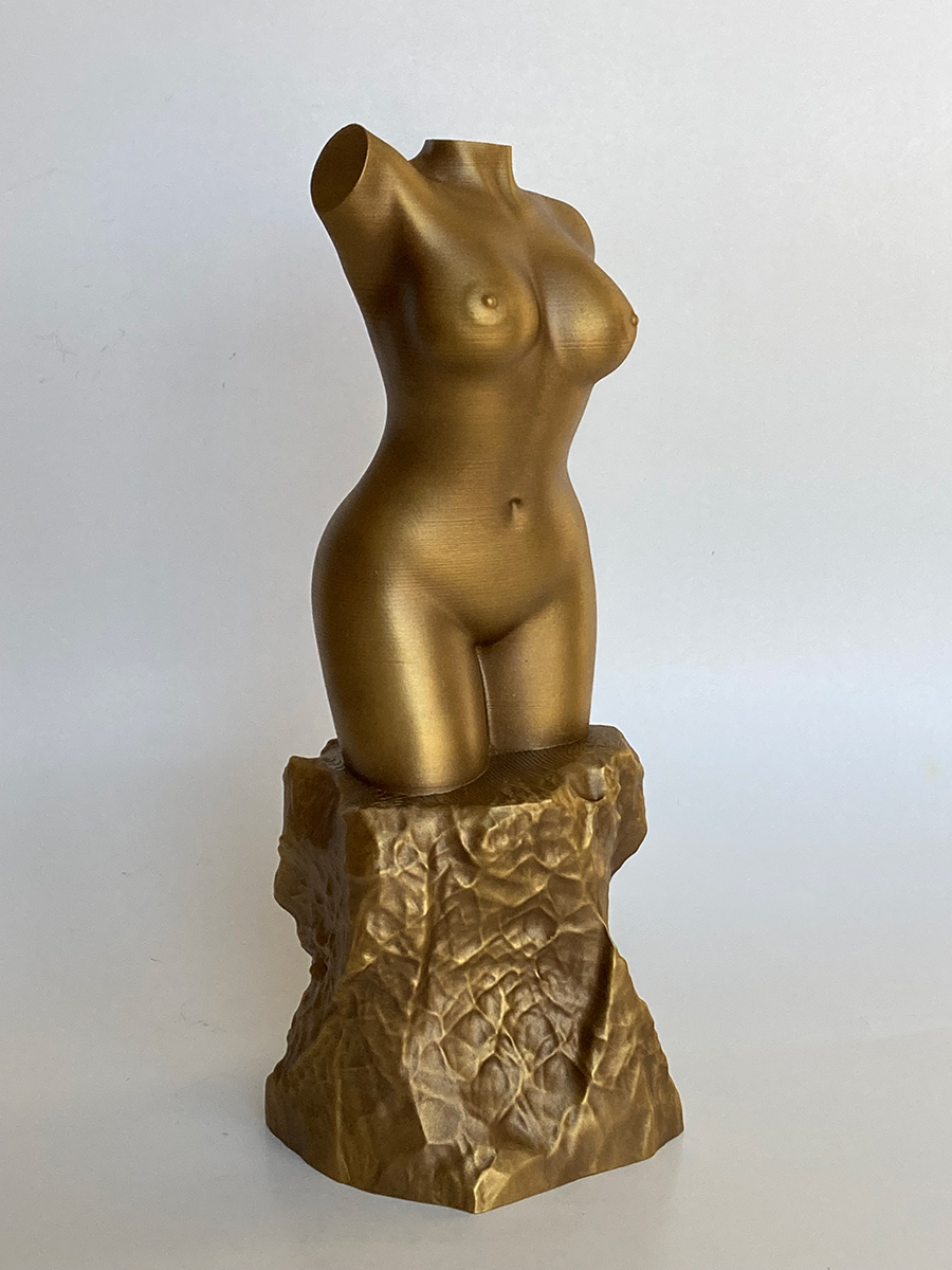 3D Printed Female Torso Sculpture, Bronze Imitation.